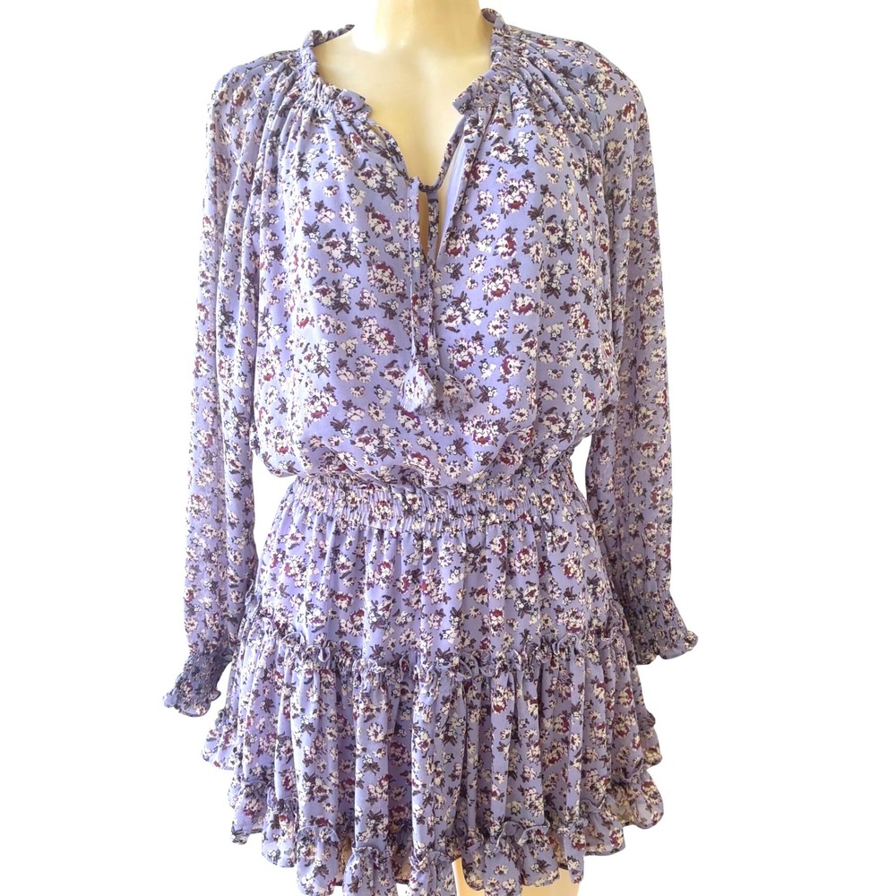 Skylar + Madison Floral Mini Dress M Lavender Boho Ruffle Tiered Tassel